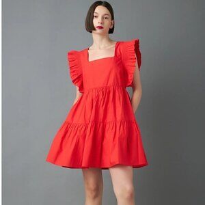 English Factory Girly Ruffle Mini Dress with Smocking Detail in Red